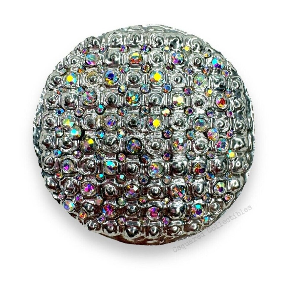 Vintage Silver Tone Aurora Borealis Crystal Round Brooch 2.25"